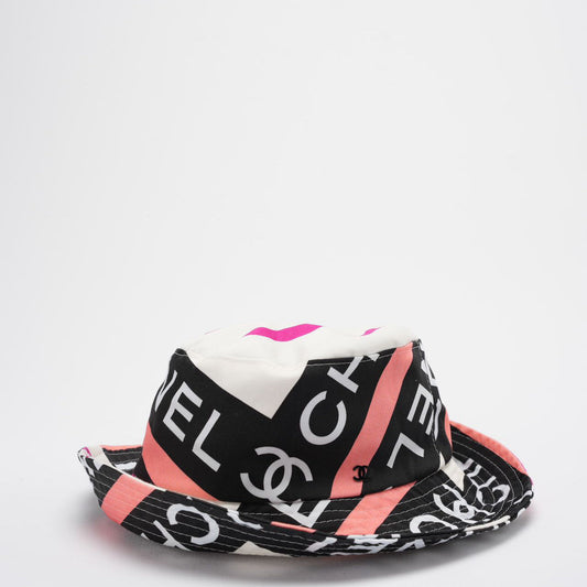 Chanel Cotton Logo Cloche Hat Bucket Hat Ecru / Black / Pink