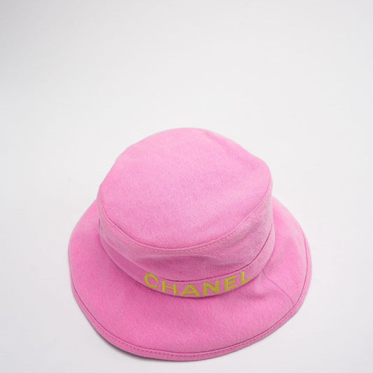 Chanel Denim Bucket Hat in Pink with Yellow Chanel Logo Size M