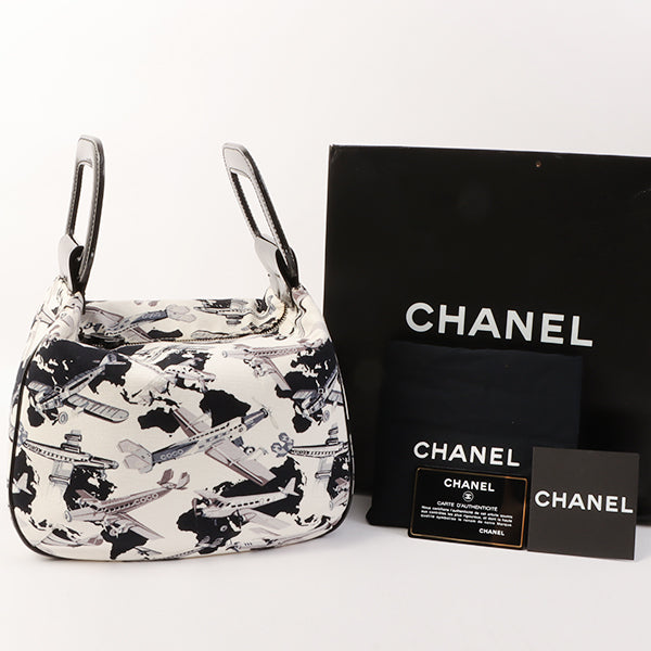 Chanel Around 2005 Made Canvas Patent Combination Airplane Print Top Handle Bag White/Black