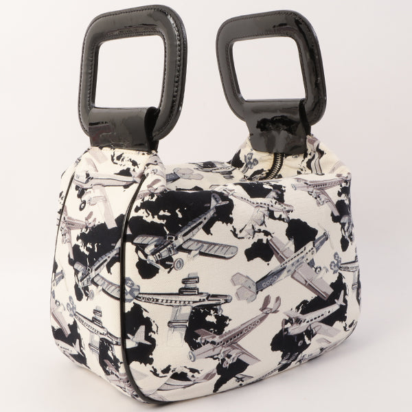 Chanel Around 2005 Made Canvas Patent Combination Airplane Print Top Handle Bag White/Black