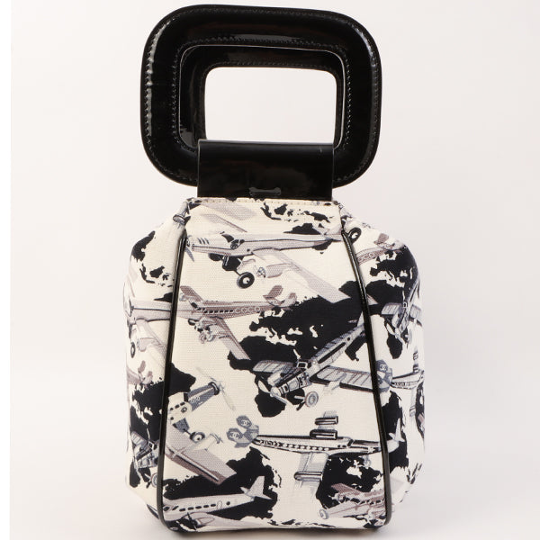 Chanel Around 2005 Made Canvas Patent Combination Airplane Print Top Handle Bag White/Black