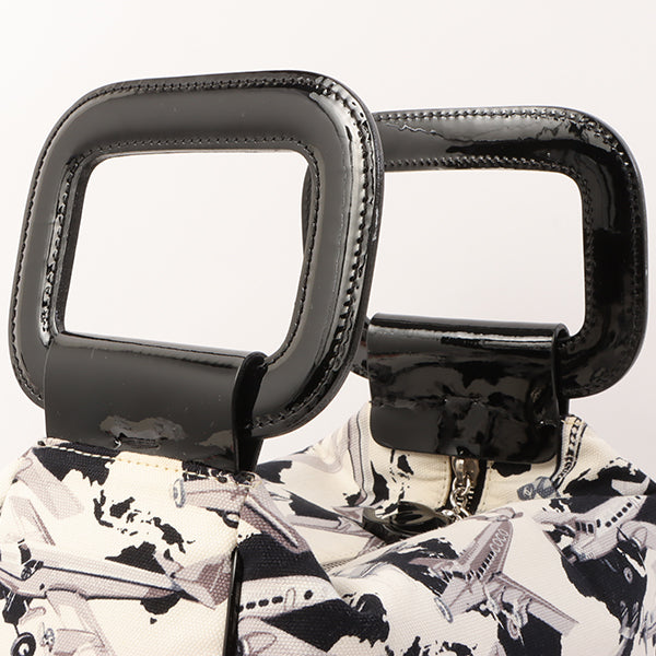 Chanel Around 2005 Made Canvas Patent Combination Airplane Print Top Handle Bag White/Black