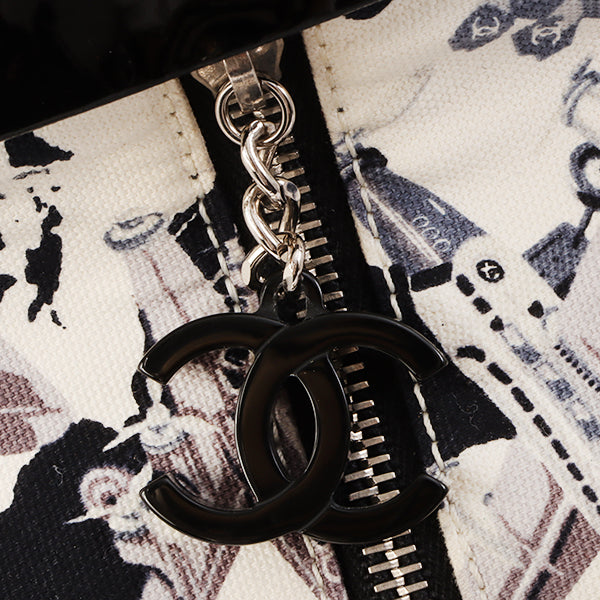 Chanel Around 2005 Made Canvas Patent Combination Airplane Print Top Handle Bag White/Black