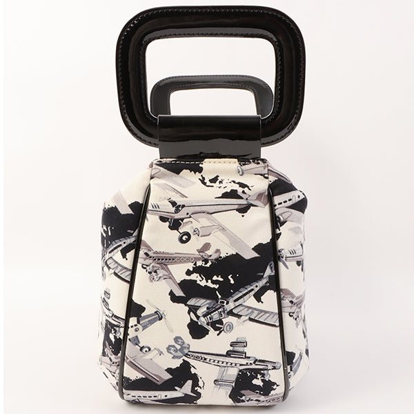 Chanel Around 2005 Made Canvas Patent Combination Airplane Print Top Handle Bag White/Black