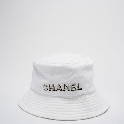 Chanel Denim Bucket Hat in White with Logo – Size S