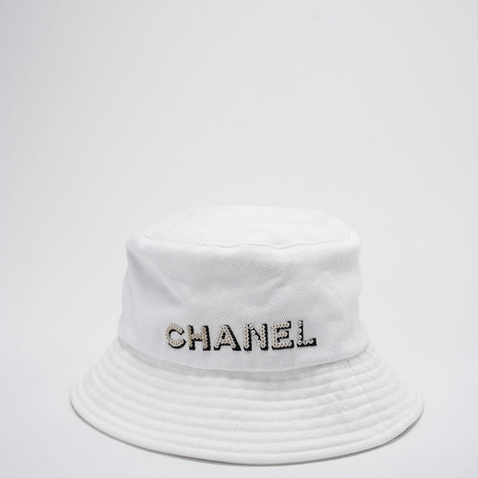 Chanel Denim Bucket Hat in White with Logo – Size S