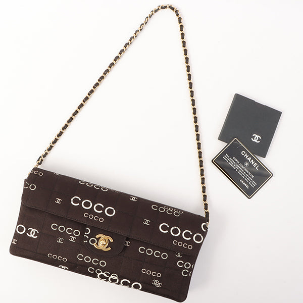 Chanel Around 2002 Made Cotton Logo Print Chocolate Bar Turn-Lock Chain Bag Black