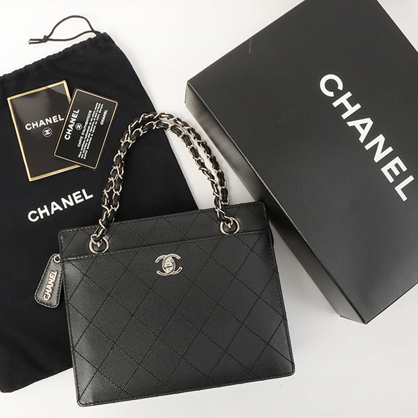 Chanel Around 1998 Made Caviar Skin Turn-Lock Chain Top Handle Bag Black