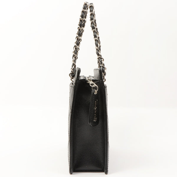 Chanel Around 1998 Made Caviar Skin Turn-Lock Chain Top Handle Bag Black