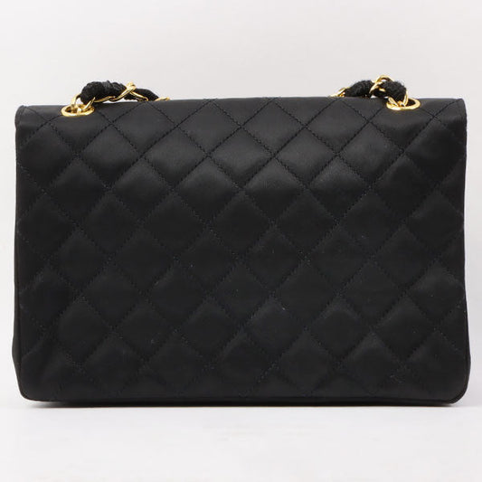 Chanel Around 1985~1990 Made Silk Satin Rhinestone Cc Mark Plate Chain Bag Black