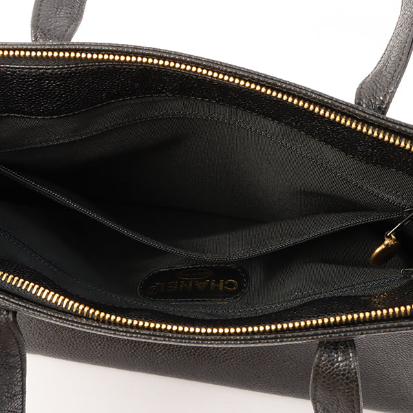 Chanel Around 1998 Made Caviar Skin Logo Embroidered Top Handle Bag Black