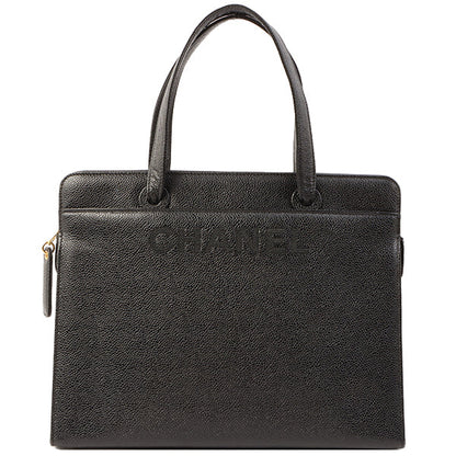 Chanel Around 1998 Made Caviar Skin Logo Embroidered Top Handle Bag Black
