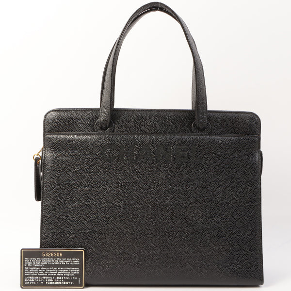 Chanel Around 1998 Made Caviar Skin Logo Embroidered Top Handle Bag Black