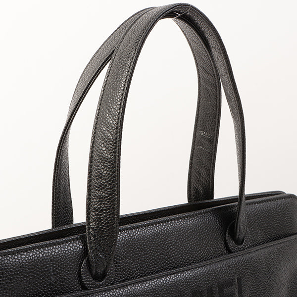 Chanel Around 1998 Made Caviar Skin Logo Embroidered Top Handle Bag Black