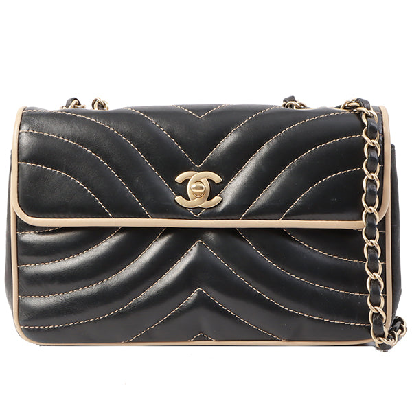 Chanel Around 2003 Made Bicolor Straight Flap Turn-Lock Chain Bag Black/Beige
