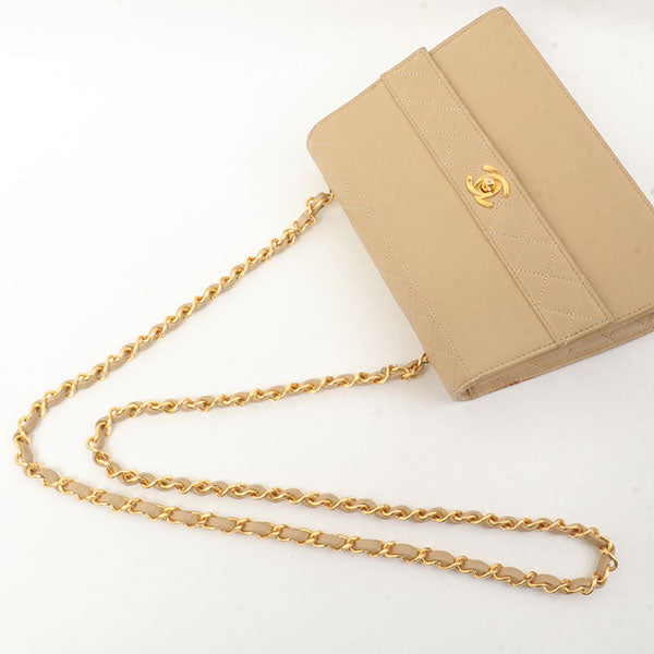 Chanel Around 1990 Made Design Flap Turn-Lock Chain Bag With Pouch Beige