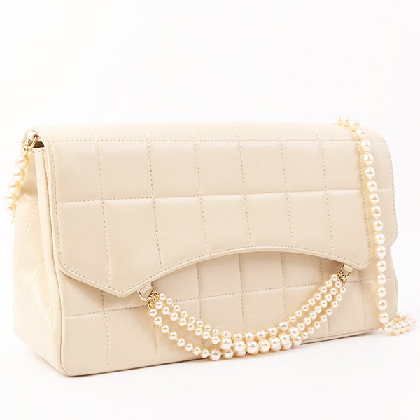 Chanel Around 2002 Made Chocolate Bag Pearl Chain Shoulder Bag Beige