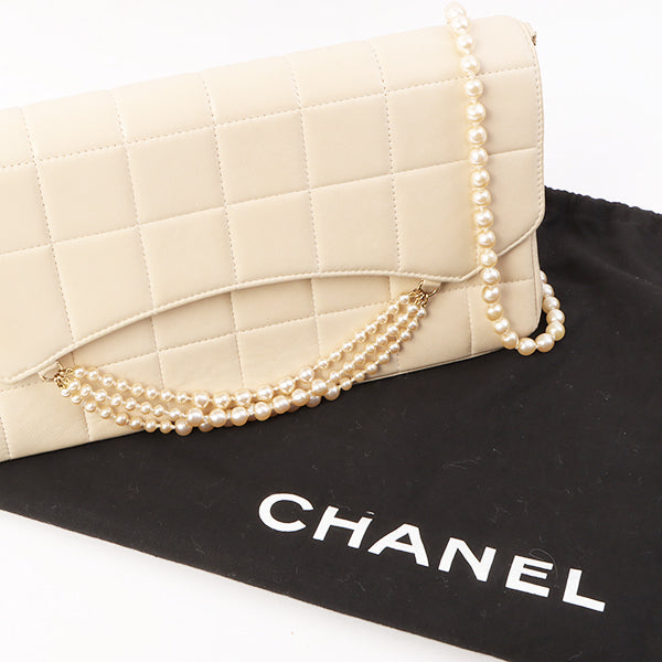 Chanel Around 2002 Made Chocolate Bag Pearl Chain Shoulder Bag Beige
