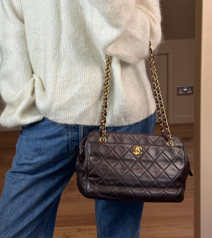 Chanel Brown Leather Shoulder Bag with Double Chain Handle