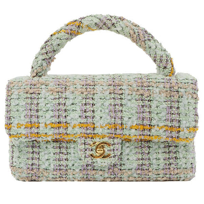 Chanel Around 1992 Made Tweed Classic Flap Handbag Mint Green