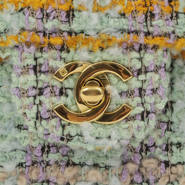 Chanel Around 1992 Made Tweed Classic Flap Handbag Mint Green