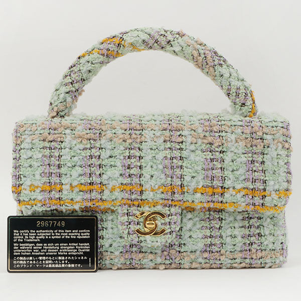 Chanel Around 1992 Made Tweed Classic Flap Handbag Mint Green