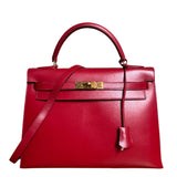 Hermes Kelly 32   Sellier Rouge Vif Red Box Calf Leather Gold HW 1988 Circle R