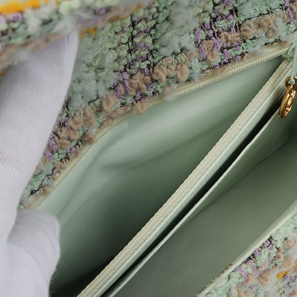 Chanel Around 1992 Made Tweed Classic Flap Handbag Mint Green