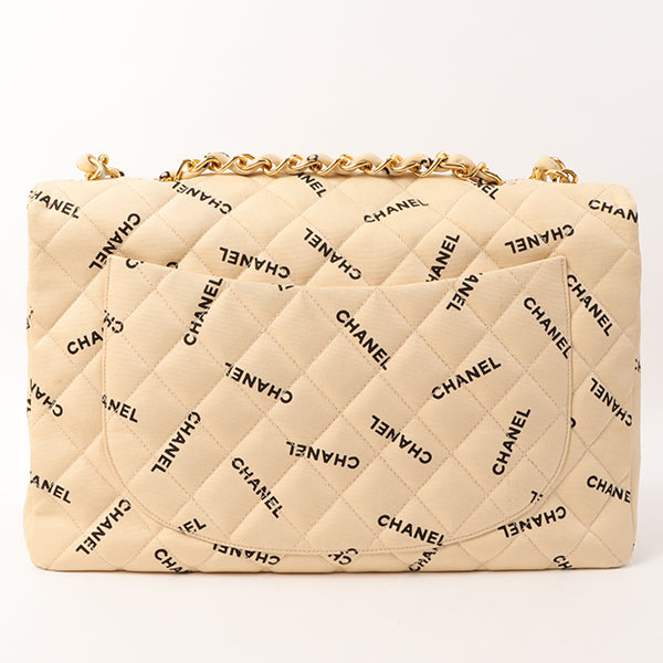 Chanel Around 1995 Made Canvas Logo Print Classic Flap Chain Bag Maxi Beige