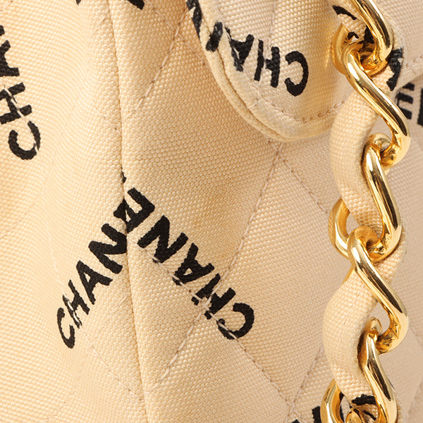 Chanel Around 1995 Made Canvas Logo Print Classic Flap Chain Bag Maxi Beige