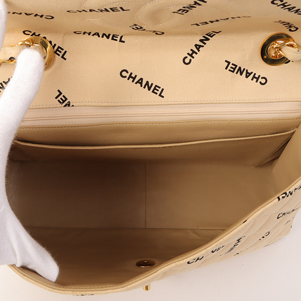 Chanel Around 1995 Made Canvas Logo Print Classic Flap Chain Bag Maxi Beige