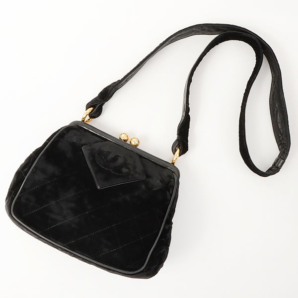 Chanel Around 1990 Made Velour Cc Mark Stitch Metal Clasp Shoulder Bag Black