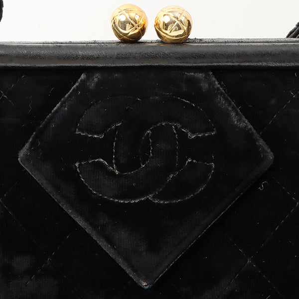 Chanel Around 1990 Made Velour Cc Mark Stitch Metal Clasp Shoulder Bag Black