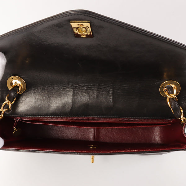 CHANEL Around 1995 Made Chevron Stitch V Flap Turn-Lock Chain Bag Black