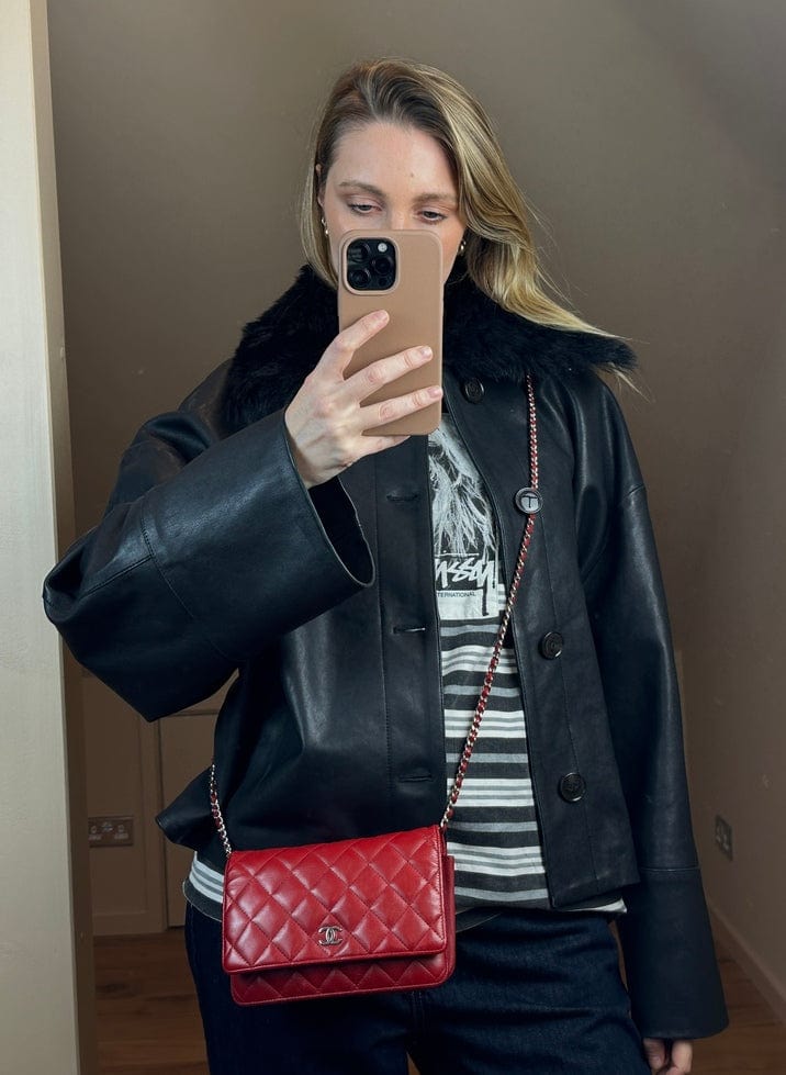 Chanel Red Lambskin Leather Wallet On Chain