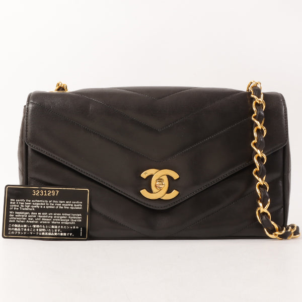 CHANEL Around 1995 Made Chevron Stitch V Flap Turn-Lock Chain Bag Black