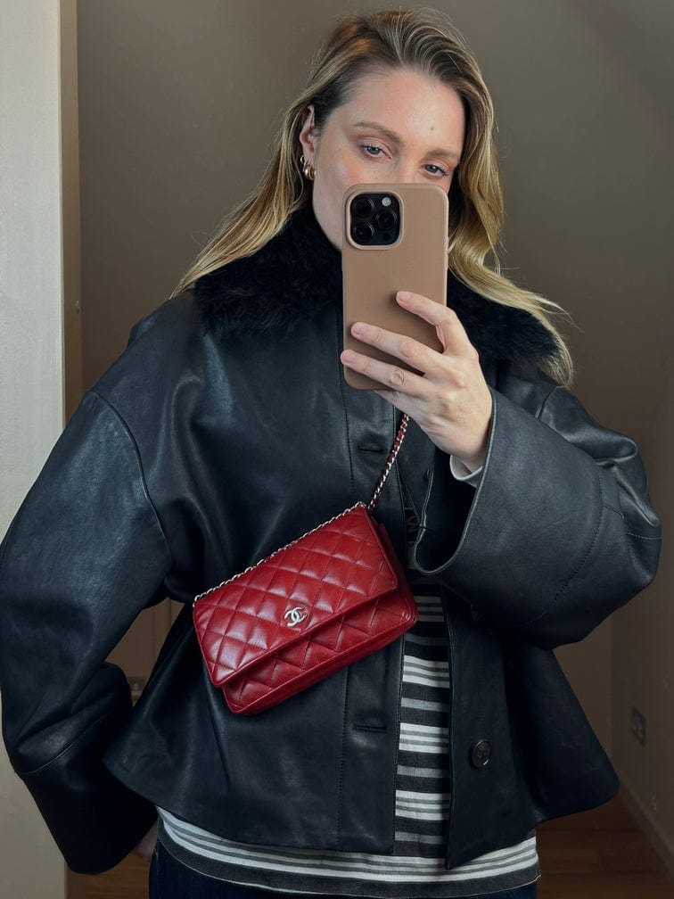 Chanel Red Lambskin Leather Wallet On Chain