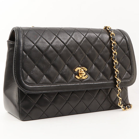 Chanel Around 1990 Made Design Flap Turn-Lock Chain Bag Black With Pouch Black