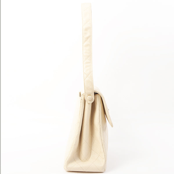Chanel Around 1997 Made Caviar Skin Turn-Lock Shoulder Bag Ivory