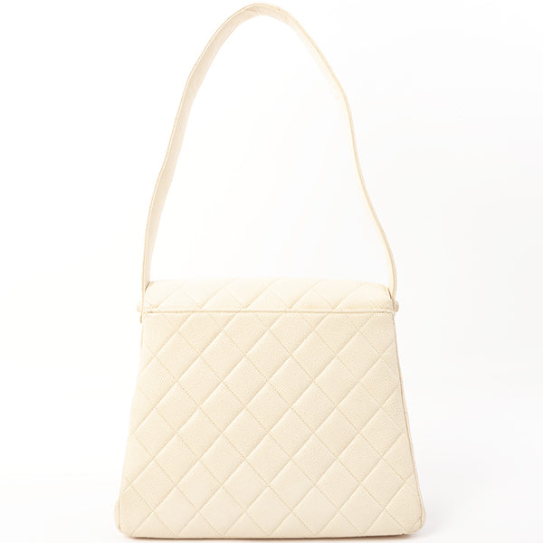 Chanel Around 1997 Made Caviar Skin Turn-Lock Shoulder Bag Ivory