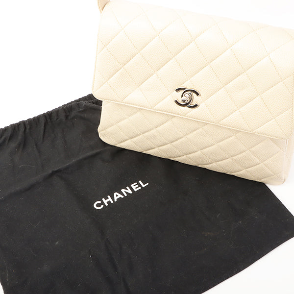 Chanel Around 1997 Made Caviar Skin Turn-Lock Shoulder Bag Ivory