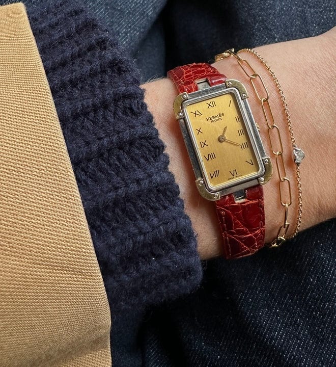 Hermès Croisiere Gold Plated Watch With Tan Leather Croc Strap