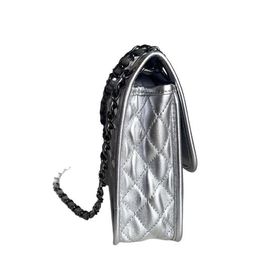 Chanel Ice Cube Chocolate Bar Classic Flap Metallic Silver PVC with Leather