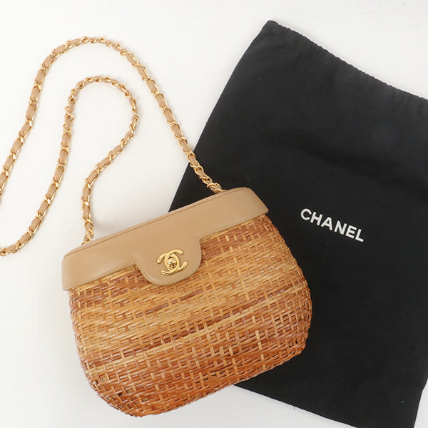 Chanel Around 1998 Made Rattanturn-Lock Basket Chain Bag Beige