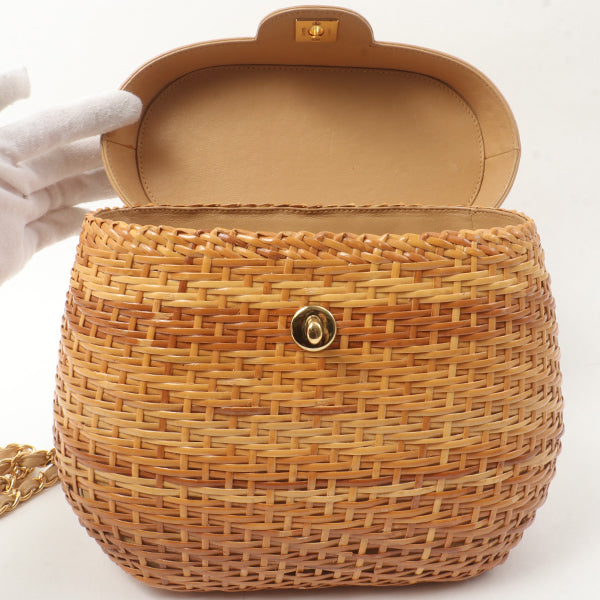 Chanel Around 1998 Made Rattanturn-Lock Basket Chain Bag Beige