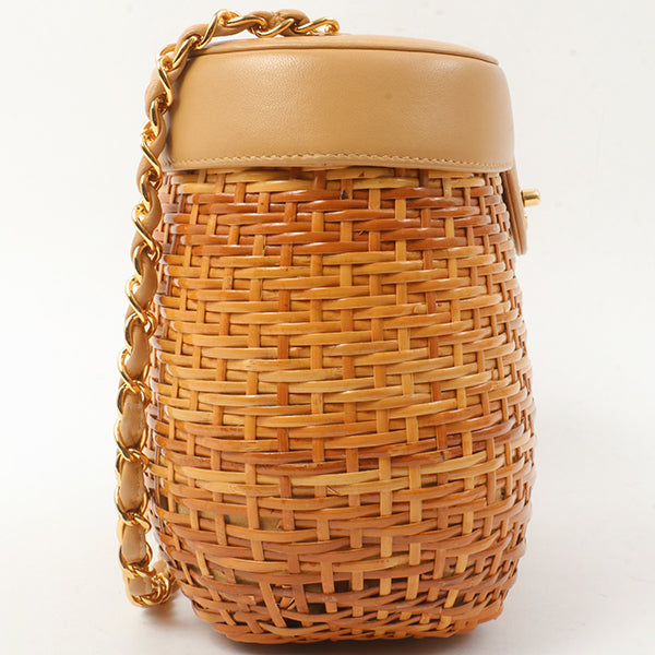 Chanel Around 1998 Made Rattanturn-Lock Basket Chain Bag Beige