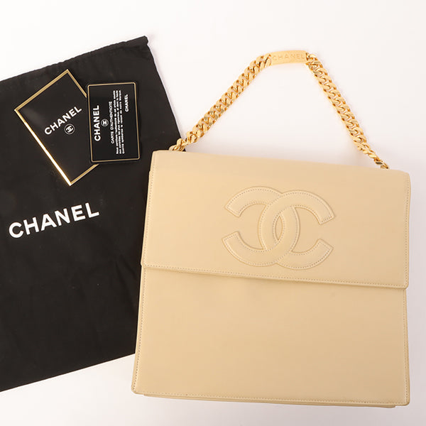 Chanel Around 1997 Made Cc Mark Stitch Logo Chain Top Handle Bag Beige