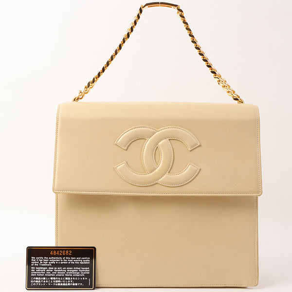 Chanel Around 1997 Made Cc Mark Stitch Logo Chain Top Handle Bag Beige