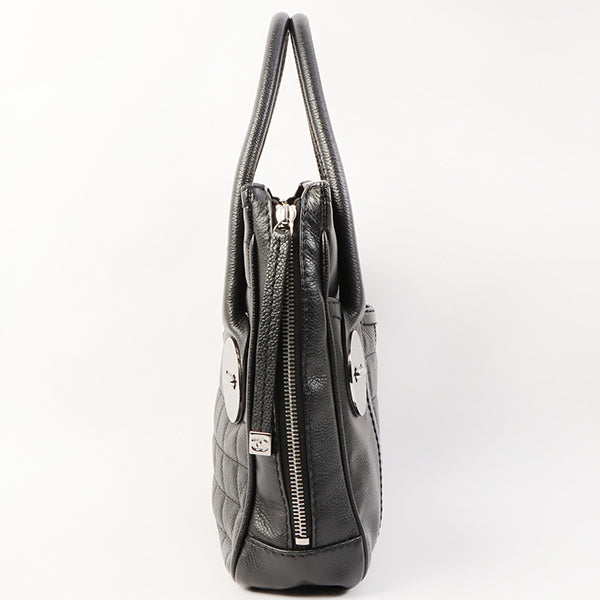 Chanel Around 2004 Made Caviar Skin Big Logo Button Motif Handle Bag Black