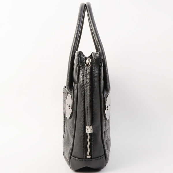 Chanel Around 2004 Made Caviar Skin Big Logo Button Motif Handle Bag Black